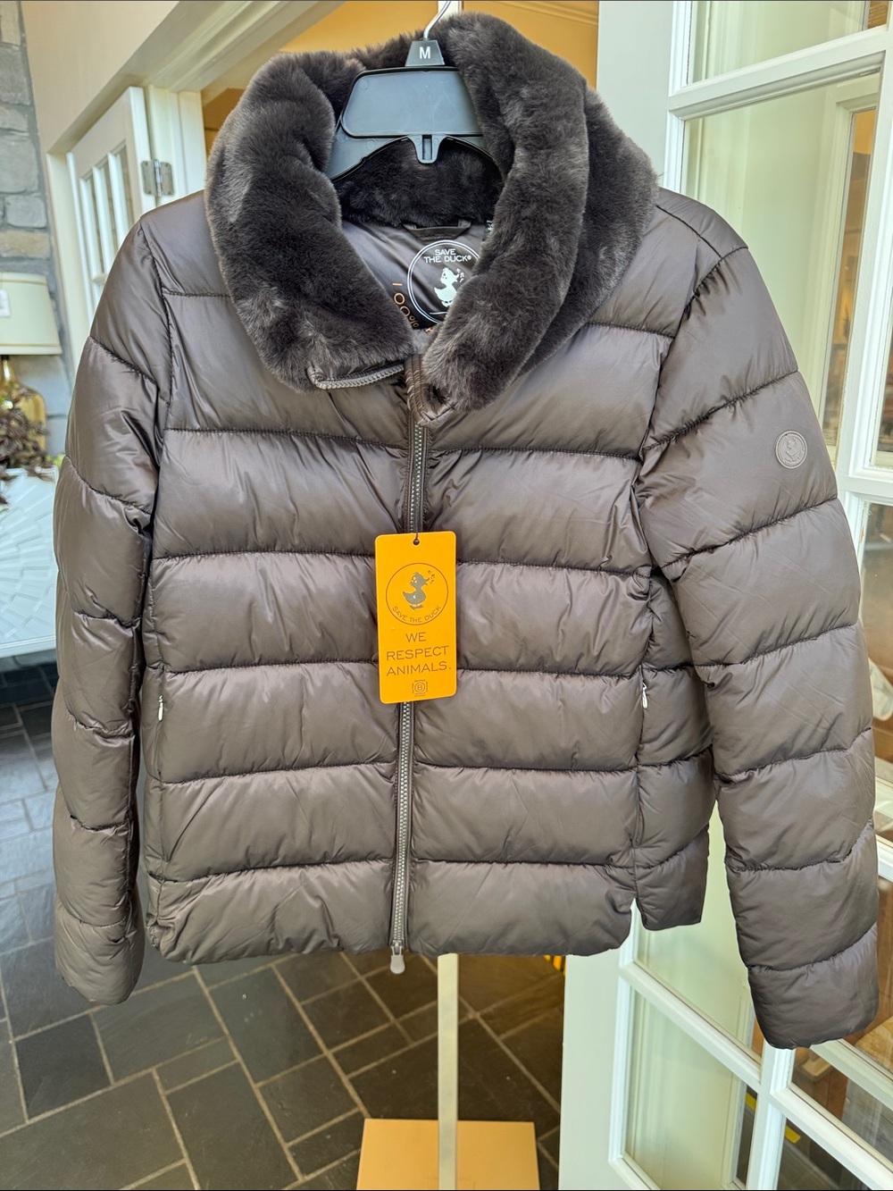 SAVE THE DUCK Short Quilted Puffer Jacket with Plush Collar - Brown